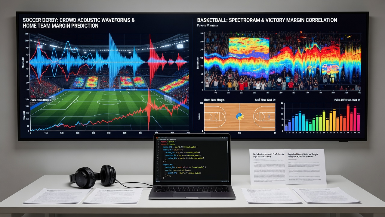 Data visualization showing crowd noise frequency patterns overlaid with home team margin statistics from recent basketball playoffs
