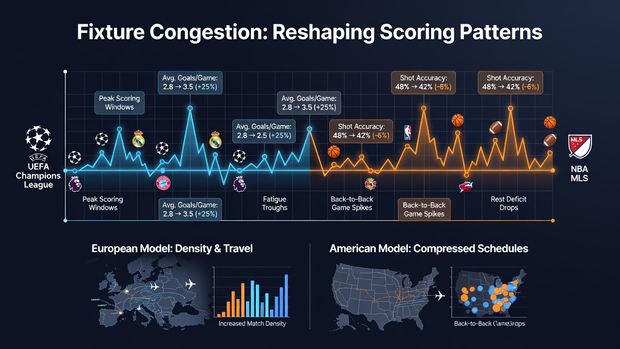 American pro league scoring shifts during congested schedules in NBA and NFL