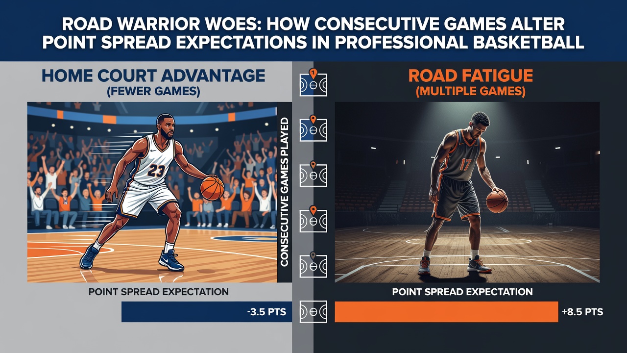 Data visualization showing point spread adjustments for fatigued teams in basketball and hockey road trips