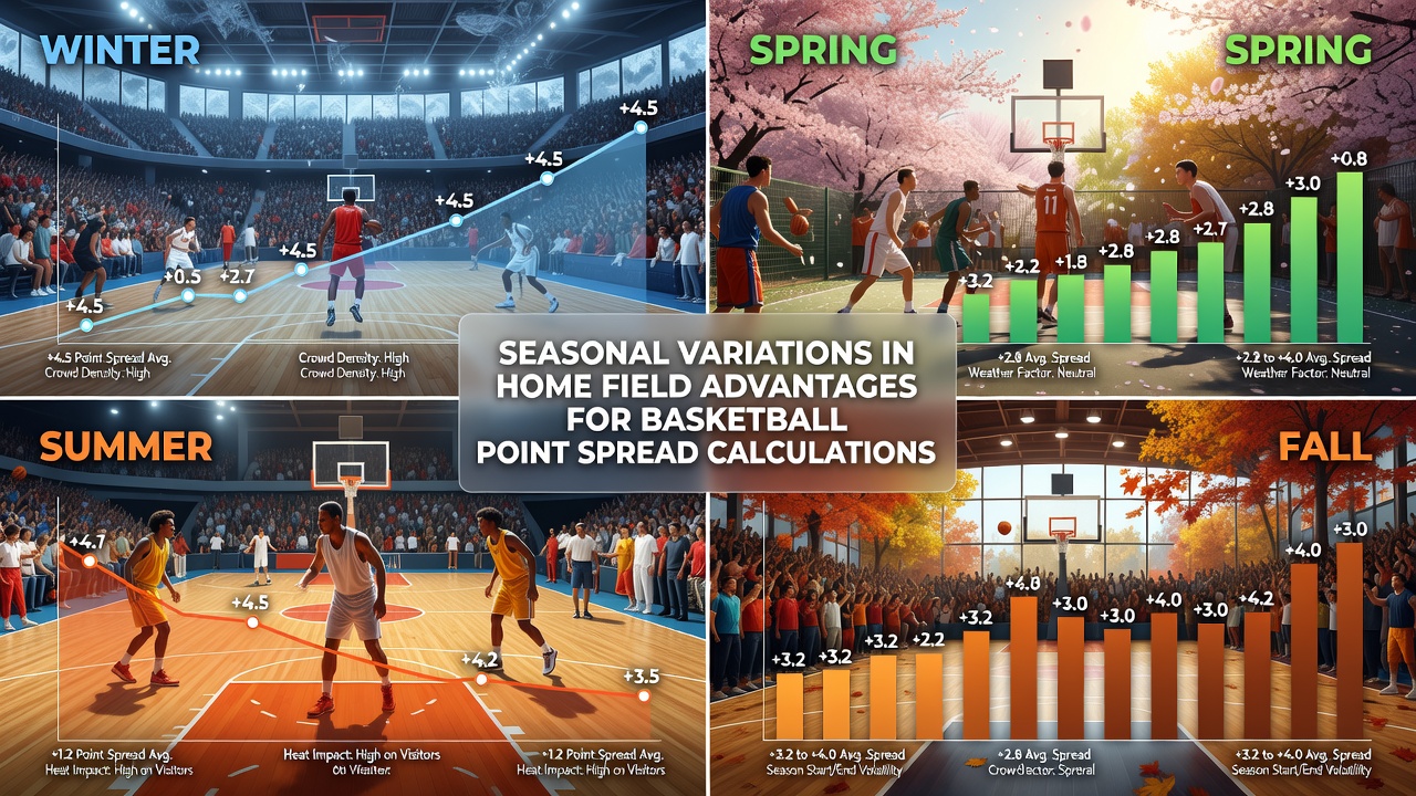 Basketball court during different seasons showing varying crowd sizes and weather influences on home advantage