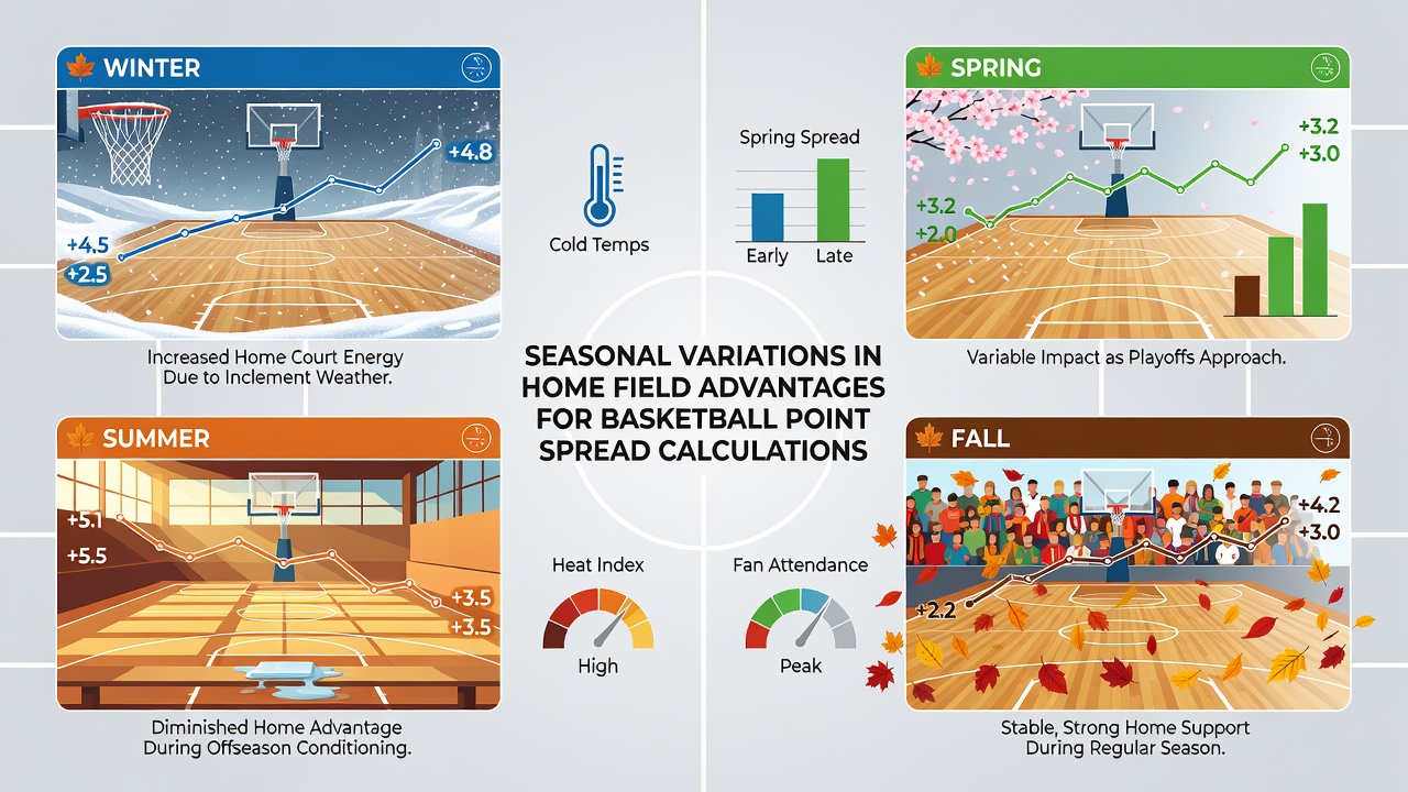 Data charts illustrating seasonal fluctuations in basketball home advantage statistics