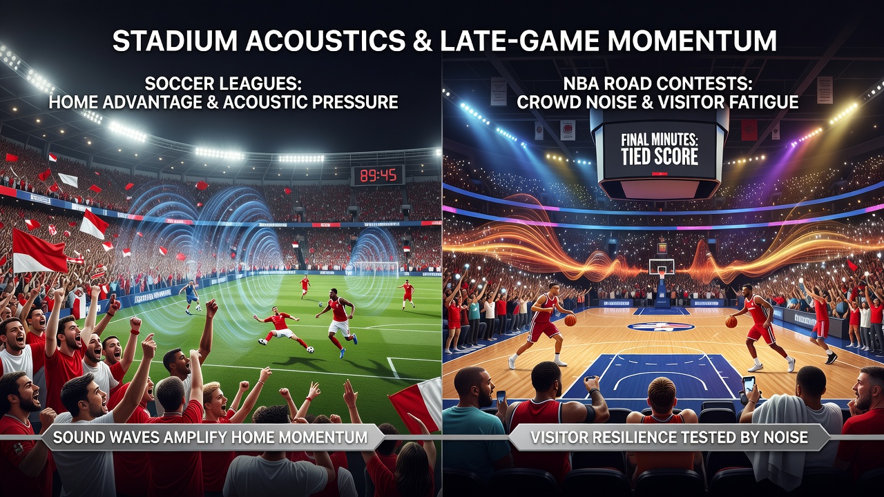 Acoustic analysis graphs showing crowd noise impact on player reactions in soccer and NBA late games