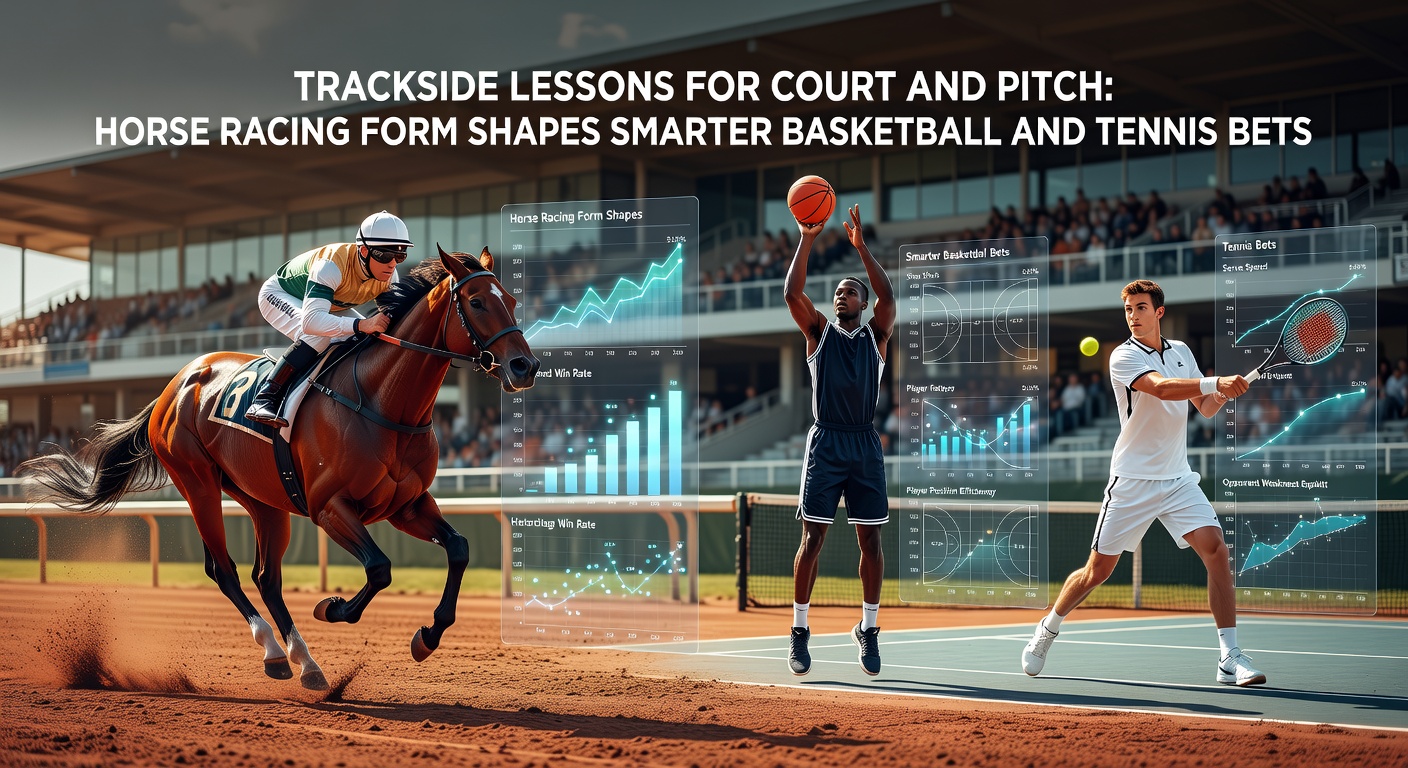 Dynamic horse race at the finish line, overlaid with basketball players driving to the hoop and a tennis player mid-serve, symbolizing crossover strategies in betting form analysis