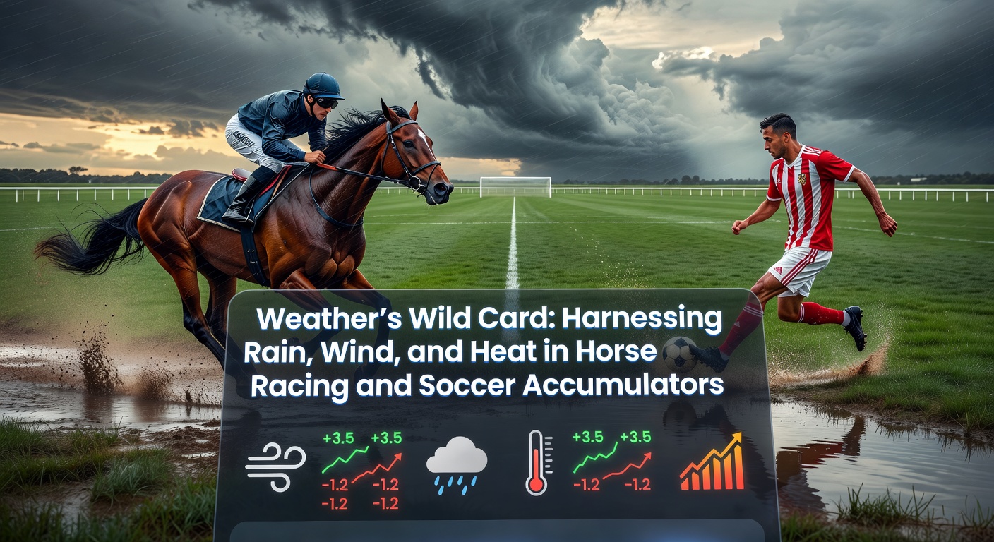 A dramatic horse race on a rain-soaked track with soccer players battling wind and rain in the background, highlighting weather's impact on sports betting